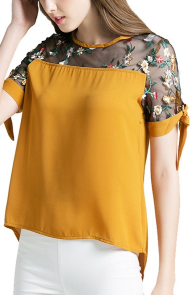 Women's Round Neck Bow Short Sleeve Floral Mesh Plain Embroidered Detail Chiffon Yellow Tee