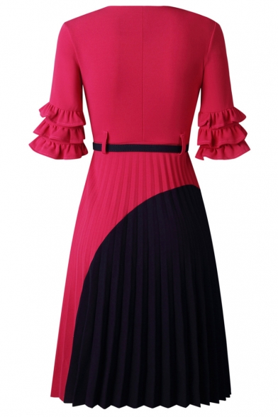 Women's New Trendy Colorblock Round Neck Bell Sleeve Belt Waist Pleated Dress