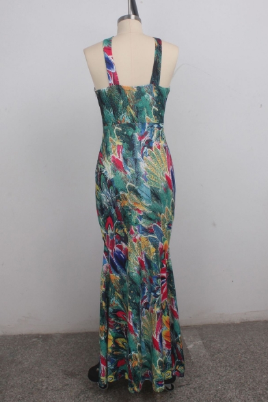 Women's Sexy Halter Plunge Neck Sleeveless Floral Printed Backless Split Side Bodycon Maxi Green Dress