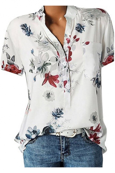 Women's Summer Chic Floral Printed Button V-Neck Short Sleeve Loose Fit Shirt Blouse