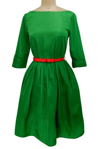 Women's Vintage Basic Simple Plain Round Neck Half Sleeve Belted Waist Midi Fit and Flared Dress
