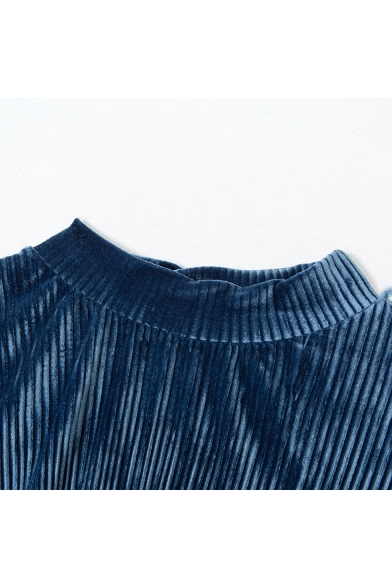 Womens Chic Simple Plain Cowl Neck Long Sleeve Blue Fitted Velvet T-Shirt