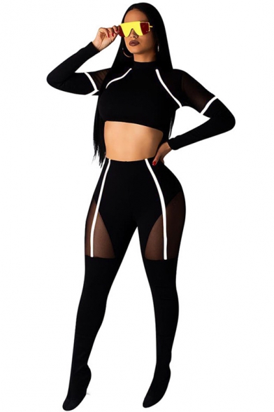 Womens Fashion Contrast Piping High Neck Long Sleeve Cropped Top Skinny Fit Leggings Two-Piece Set