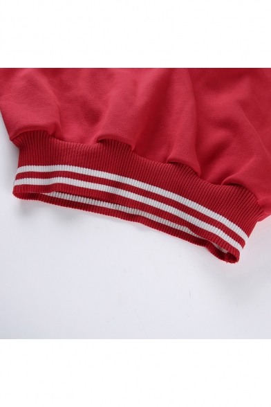 Womens Fashion Rib Stripe Hem V-Neck Long Sleeve Casual Loose Cropped Sweatshirt