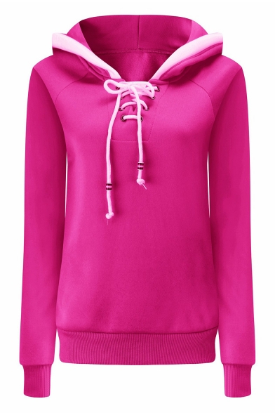 Womens Fashion Simple Plain Long Sleeve Lace-Up Collar Fitted Hoodie
