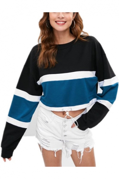 Womens New Fashion Colorblock Round Neck Long Sleeve Drawcord Hem Cropped Sweatshirt