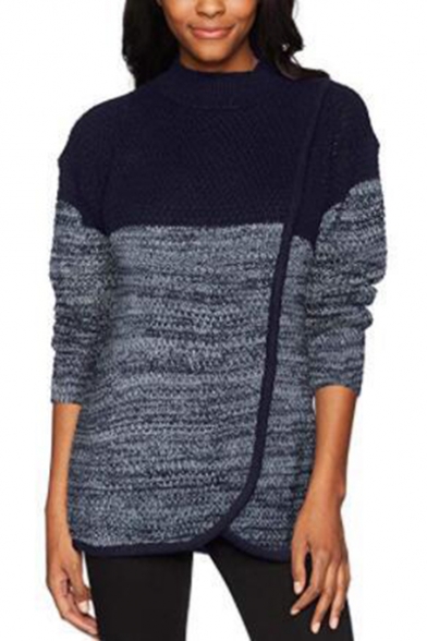 Womens New Stylish Two-Tone Patchwork Mock Neck Long Sleeve Slim Fit Sweatshirt