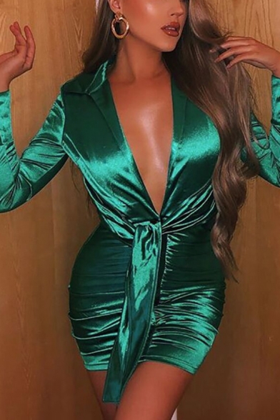 Womens New Trendy Simple Plain Sexy Plunging Neck Long Sleeve Tied Waist Green Mini Bodycon Bandage Shirt Dress