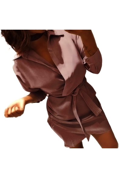 Womens Plain V Neck Button Detail Long Sleeve Bow Tie Asymmetric Mini Shirt Dress