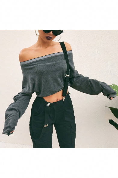 Womens Sexy Off the Shoulder Long Sleeve Simple Plain Cropped Grey Sweatshirt