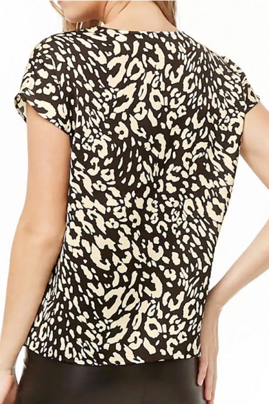 Womens Summer Fashion Black Leopard Pattern V-Neck Short Sleeve Casual Tee
