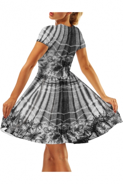Womens Summer Stylish 3D Pattern Basic Round Neck Short Sleeve Mini A-Line Dress