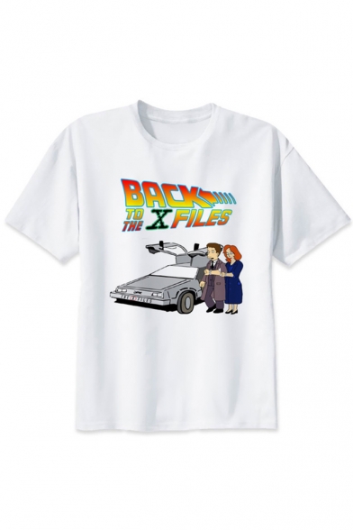 BACK TO THE X FILES Letter Cartoon Couple Car Printed White Round Neck Short Sleeve Tee