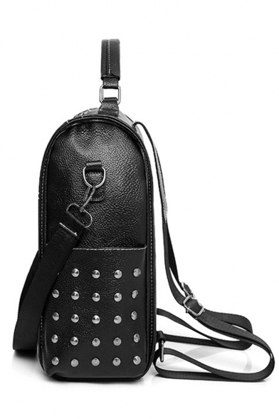Big Capacity Retro Plaid Pattern Rivet Embellishment Black PU Leather Leisure Backpack for Women 31*30*14 CM