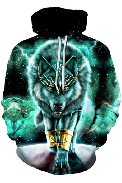 Black and Green 3D Galaxy lightning Wolf Print Long Sleeve Regular Fitted Hoodie with Drawstring
