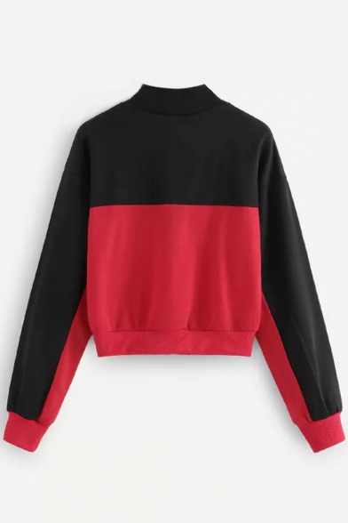Black and Red Stand Collar Long Sleeve Sweatshirt with Zip
