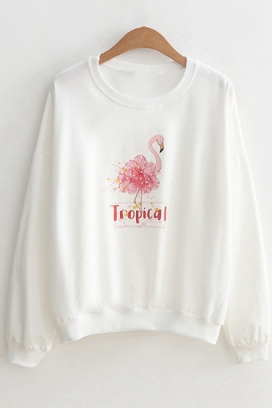 Cartoon Floral Flamingo Print TROPICAL Letter Round Neck Long Sleeve Cotton Sweatshirt