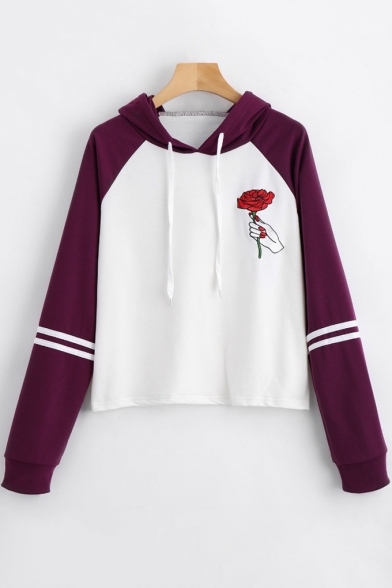 Chic Hand Rose Floral Print Stripe Long Sleeve Cropped Drawstring Hoodie for Women
