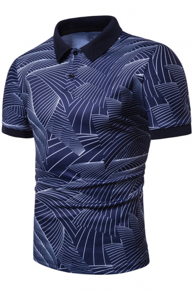 Chic Sea Wave Pattern Basic Short Sleeve Turn Down Collar Mens Slim Fit Polo Shirt