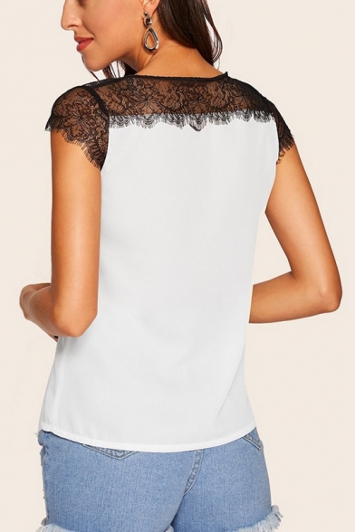 Chic Sheer Lace Patched Tied Round Neck White Chiffon Blouse Top