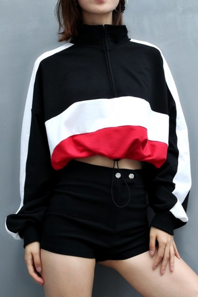 Chic Stylish Colorblock Zipper Front High Neck Long Sleeve Drawstring Hem Loose Fit Cropped Sweatshirt for Women