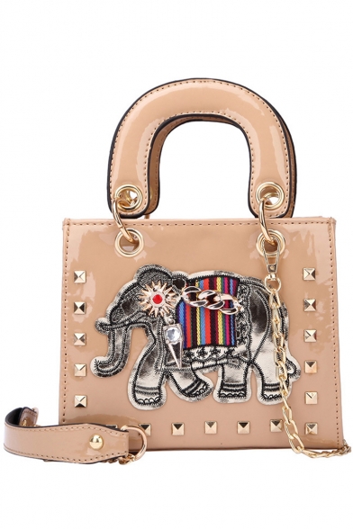 Chic Unique Elephant Pattern Rivet Chain Rhinestone Embellishment Satchel Crossbody Bag 18*7*14.5 CM