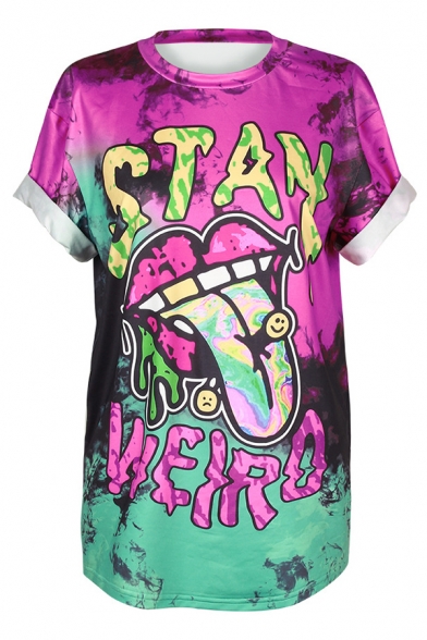 Color Block Tie Dye STAY WEIRD Letter Lip Printed Round Neck Short Sleeve Graphic Tee