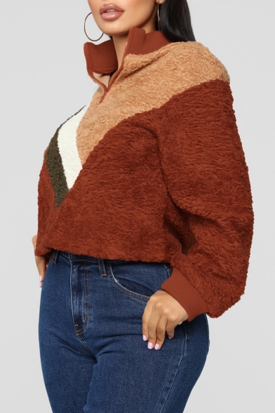 Color Block Zip Stand Collar Long Sleeve Fluffy Fleece Cropped Khaki Sweatshirt