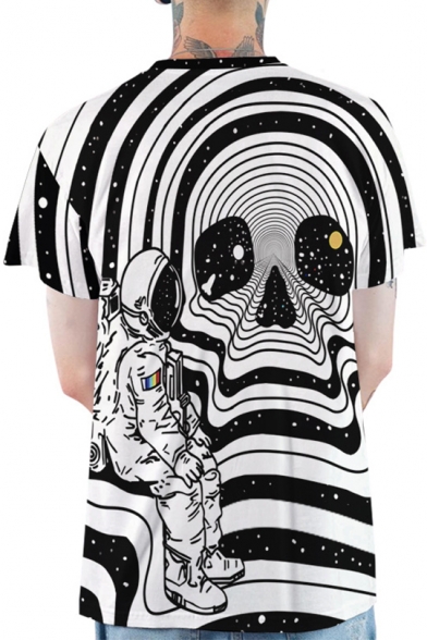 Cool 3D Striped Skull Astronaut Printed Round Neck Short Sleeve Black and White T-Shir