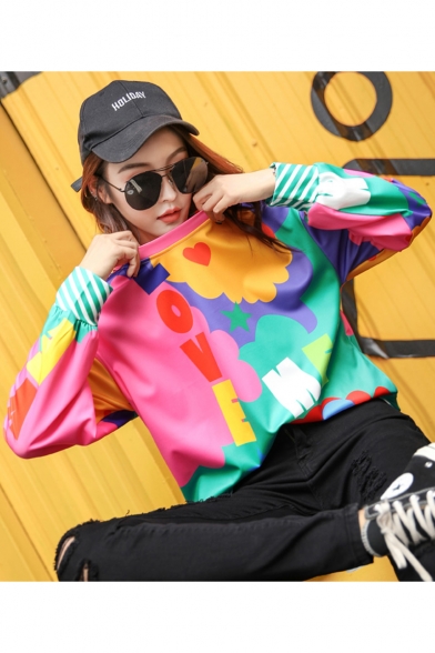 Cool Colorful Letter LOVE ME Printed Basic Round Neck Long Sleeve Pullover Sweatshirt