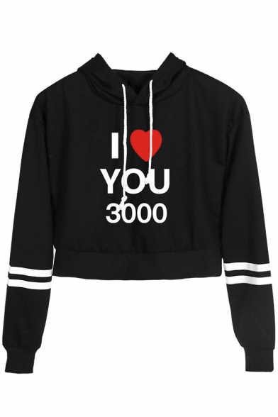 

Cool Heart Letter I LOVE YOU 3000 Striped Long Sleeve Cropped Hoodie, Black;pink;white;yellow;navy, LM529813