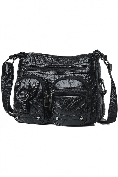 Cool Solid Color Double Pocket Front Rivet Embellishment Black Hobo Shoulder Bag 25*10*20 CM