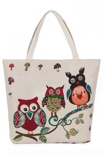 Cute Cartoon Owl Pattern Beige Canvas Shoulder Tote Bag 35*10*38 CM