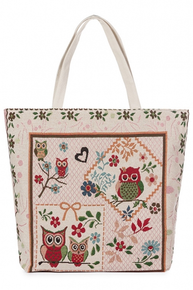 Designer Unique Floral Owl Pattern Beige Canvas Shoulder Shopper Bag 35*10*38 CM