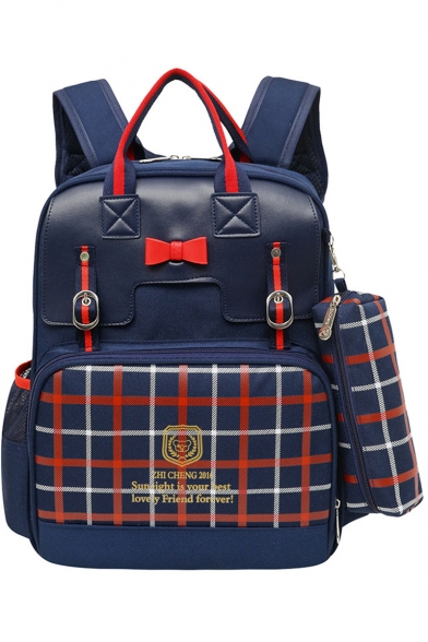 Fashion Bow-Knot Embellishment Plaid Pattern Nylon Leisure Varsity Backpack for Children 40*29*15 CM