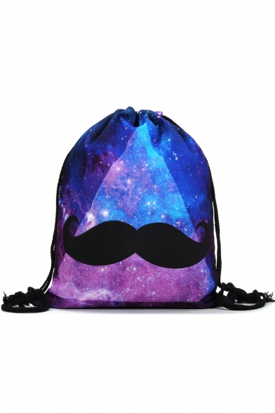 Fashion Creative 3D Galaxy Moustache Printed Purple Storage Bag Drawstring Backpack 30*39 CM