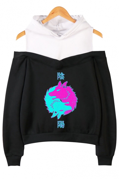 Fashion Vaporwave Two-Tone Wolf Head Print Cold Shoulder Long Sleeve Loose Fit Hoodie