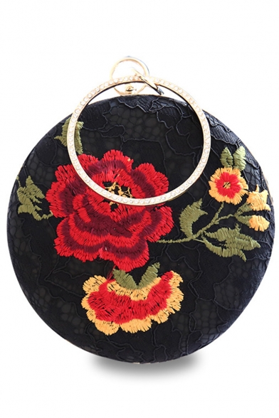Fashion Vintage Floral Embroidery Pattern Lace Patched Black Round Clutch Handbag