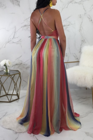 Fashionable Plunge Neck Spaghetti Straps Ombre Pattern Backless Length Floor Slip Chiffon Nightclub Dress