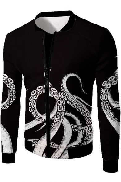 Funny Cool Octopus Pattern Long Sleeve Zip Up Black Fitted Jacket for Men