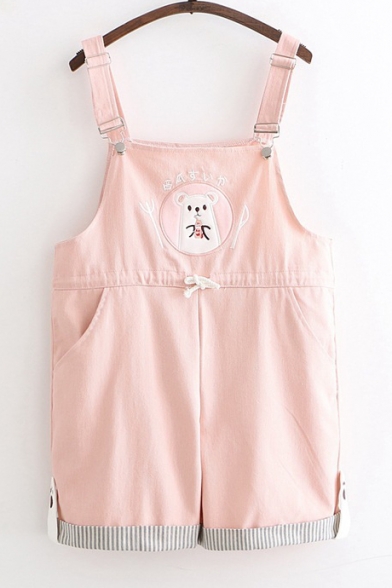 Girls Cute Bear Embroidery Striped Rolled Cuff Rompers Overall Shorts