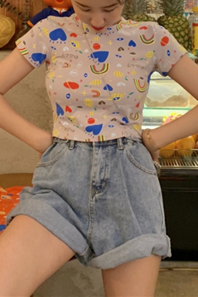 Girls Summer Cute Funny Cartoon Rainbow Printed Short Sleeve Slim Cropped T-Shirt