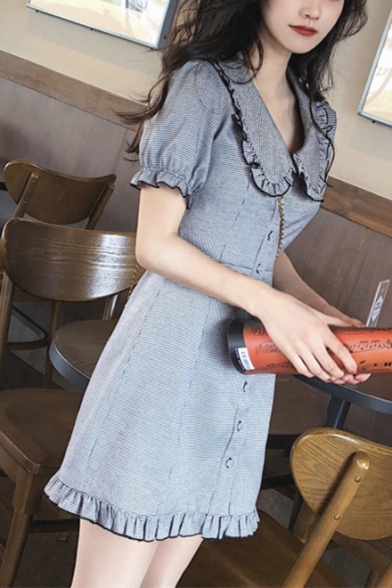 Girls Summer Cute Sweet Peter-Pan Collar Short Sleeve Ruffled Hem Mini A-Line Dress