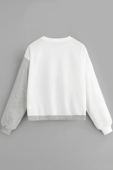 Gray and White Color Block Sequined Round Neck Long Sleeve Loose Sweatshirt