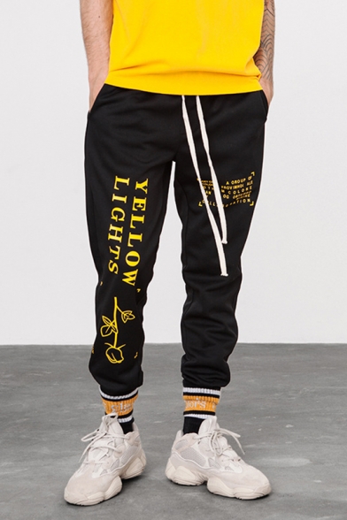 Guys Cool Floral Letter YELLOW LIGHTS Printed Drawstring Waist Loose Relaxed Track Pants