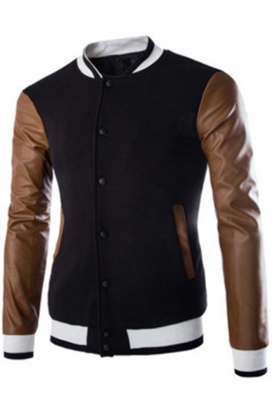 Guys Cool PU Patched Long Sleeve Rib Stand Collar Button Down Slim Fit Baseball Jacket