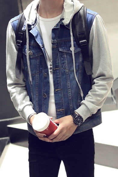 Guys Fashion Fake Two-Piece Patched Long Sleeve Hooded Button Down Blue Denim Coat Jacket