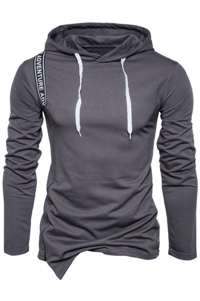 Guys Fashion Letter Patched Asymmetric Hem Fitted Drawstring Hoodie