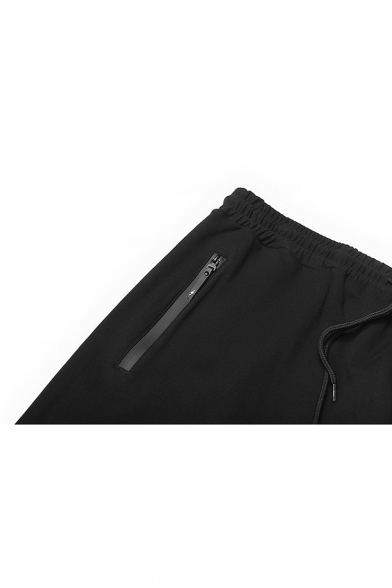 Guys Fashion Tape Patched Drawstring Waist Elastic-Cuff Black Sport Carrot Pants