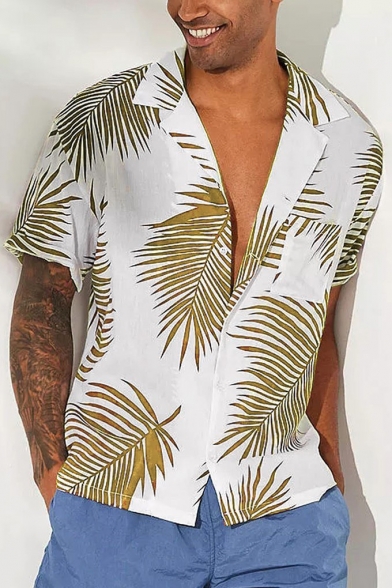 Guys Summer Tropical Leaf Printed Short Sleeve Lapel Collar Casual Loose Hawaiian Beach Shirt